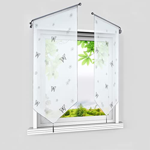 HeichkelL Voile Scheibengardinen Schmetterling Muster Transparente Bistrogardine mit Quaste Fenster Kurzstore Blumenmotiv Küche Tunnelzug 1 Stück Grau BxH 40x90 cm von HeichkelL