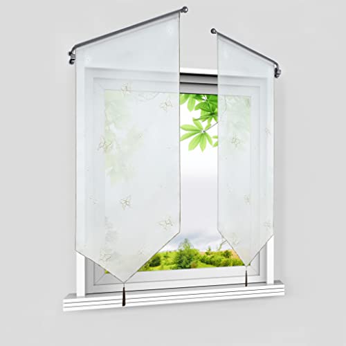 HeichkelL Voile Scheibengardinen Schmetterling Muster Transparente Bistrogardine mit Quaste Fenster Kurzstore Blumenmotiv Küche Tunnelzug 1 Stück Sand BxH 40x60 cm von HeichkelL