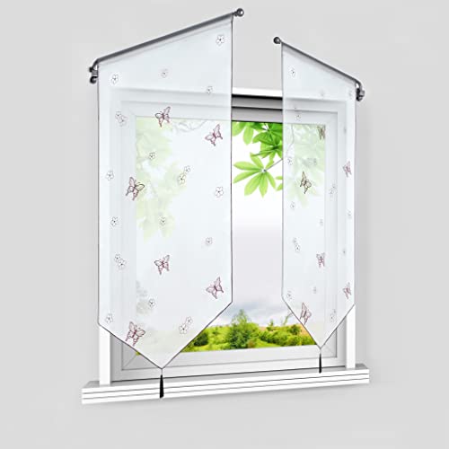 HeichkelL Voile Scheibengardinen Schmetterling Muster Transparente Bistrogardine mit Quaste Fenster Kurzstore Blumenmotiv Küche Tunnelzug 1 Stück Violett BxH 40x90 cm von HeichkelL