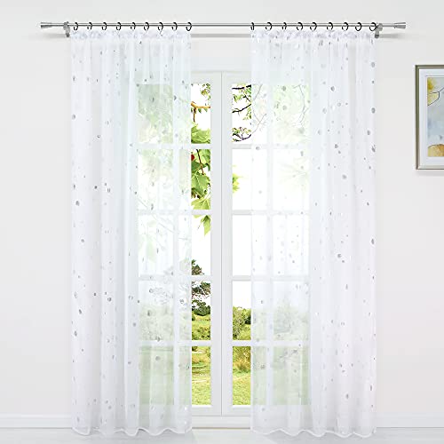 HeichkelL Voile Vorhang Transparent 1 Stück Stores Gardine mit Kräuselband Silberglänzende Kreise Fensterschals Luftiger Dekoschal für Wohnzimmer BxH 140x225 cm von HeichkelL