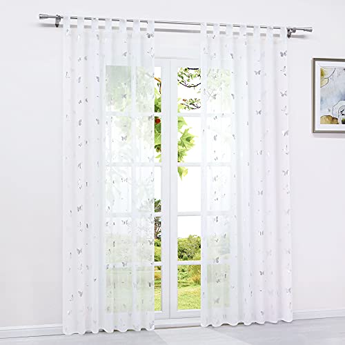 HeichkelL Voile Vorhang mit Schlaufen Transparent Gardine Modern Silberglänzende Schmetterlinge 1 Stück Schlaufenschals Luftige Fensterstores für Wohnzimmer BxH 140x225 cm von HeichkelL