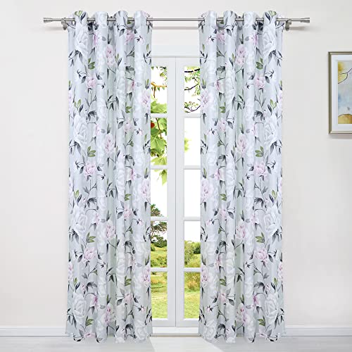 HeichkelL Vorhang Blumen Muster Gardine mit Ösen Landhausstil Dekoschals Digital-Druck für Wohnzimmer Halbtransparent Fensterstores 1 Stück Grau (Breite x Länge): 135x145 cm von HeichkelL