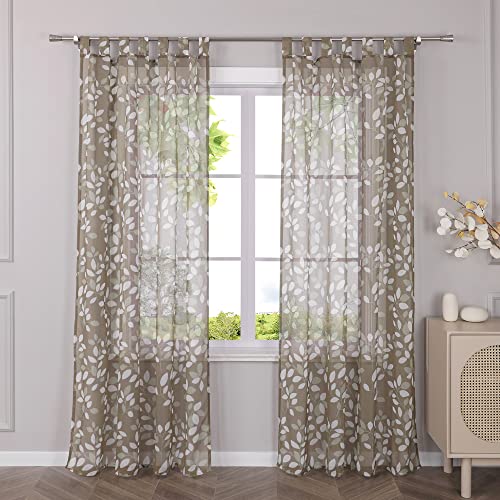 HeichkelL Vorhang Leinenoptik Gardine mit Schlaufen Blätter Druck Gardinenschals Transparent Modern Dekoschals Braun BxH 140x225cm 1 Stück von HeichkelL