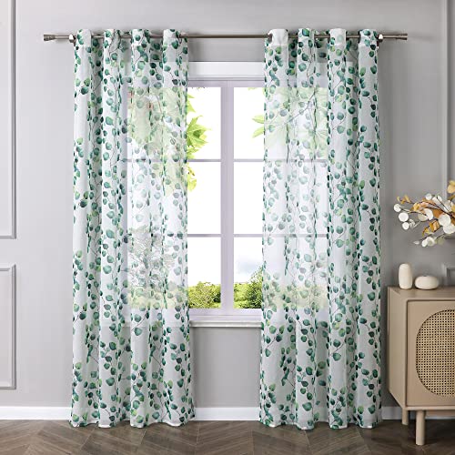 HeichkelL Vorhang Leinenoptik Gardinen mit Ösen Halbtransparent Stoff Dekoschal Blätter Druck Gardinenschal für Fenster Grün BxH 140x145cm 1 Stück von HeichkelL