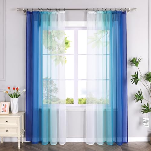 HeichkelL 2er-Set Voile Gardinen mit Kräuselband Farbverlauf Vorhänge Transparente Gardinenschals Verlaufenfarbige Fensterstores für Wohnzimmer Blau BxH 140x145cm 2 Stück von HeichkelL