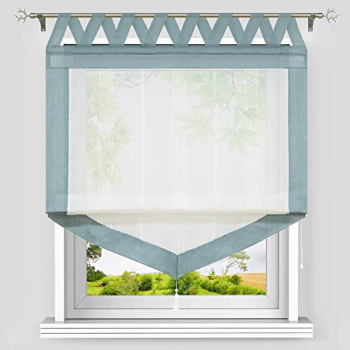 Heichkell Dreieckiges Raffrollo mit V-Schlaufen Halbtransparente Raffgardine Längstreifen und Quaste Moderner Gardinenstore Dreiecke Borte Schlaufenrollo Grün B/H 60/140cm von HeichkelL