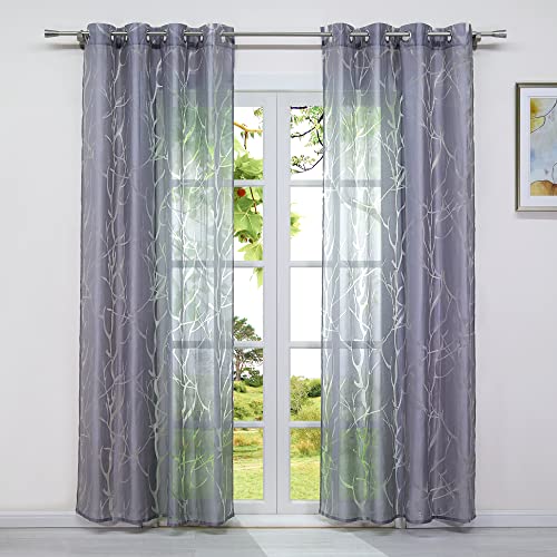 HeichkelL Gardine mit Ösen aus Voile Transparente Ausbrenner Vorhang 1 Stück Modern Ösenschal Fensterdekoration in Baumäste Muster Grau BxH 140x245 cm von HeichkelL