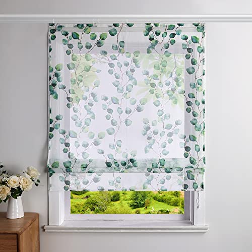 Heichkell Leinen-Optik Raffrollo Halbtransparent Gardine Vorhang mit Blätter Druck Raffgardine mit Klettschiene Grün BxH 100x140cm von HeichkelL