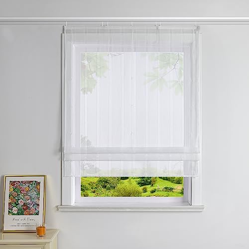 Heichkell Leinenoptik Raffrollo ohne Bohren Transparent Vorhang Landhaus Raffgardine Unifarbene Gardine Weiß mit Klettband BreitexHöhe 120x140 cm von HeichkelL