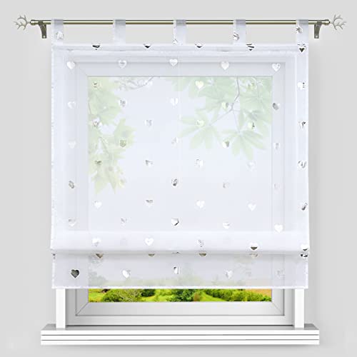 Heichkell Raffrollo Voile Raffgardinen mit Schlaufen Transparent Bändchenrollo Druck Design Modern Fenster Vorhänge Weiß Herzen BxH 140x140cm von HeichkelL