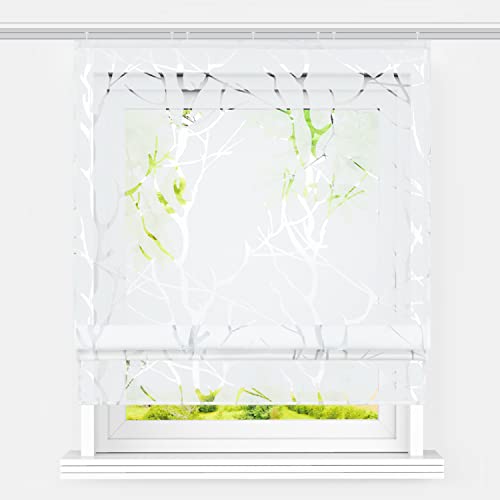 Heichkell Raffrollo mit Klettband Voile Raffgardine Ausbrenner Design Fenster Vorhang Transparent Rollos ohne Bohren Luftiger Gardinenschal Zweige Ausbrenner Weiß BxH 140x140cm von HeichkelL