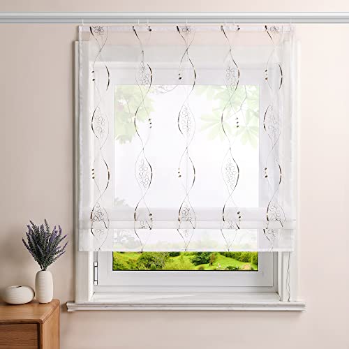 Heichkell Raffrollo mit Klettschiene Voile Raffgardinen Transparent Rollo Bestickt Modern Vorhang Braun BxH 140x140cm von HeichkelL