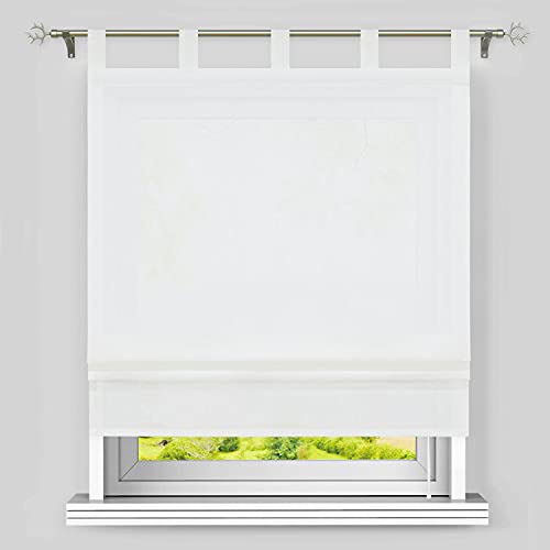 Heichkell Raffrollo mit Schlaufen Halbtransparent Raffgardine Wohnzimmer Einfarbige Fensterstores Leinen Faltenrollo Weiß BxH 100x140 cm von HeichkelL