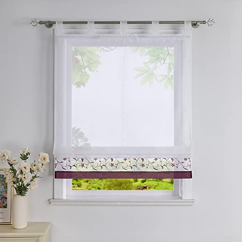 Heichkell Raffrollo mit Schlaufen Voile Transparent Vorhang mit Blumen Stickrei Bestickt Raffgardine für Küche und Wohnzimmer Violett BreitexHöhe 120x150 cm von HeichkelL