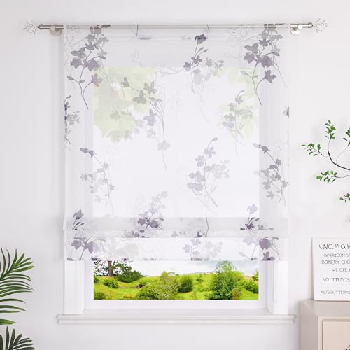 Heichkell Raffrollo mit Tunnelzug Leinenoptik Gardine Tranparent Vorhang Bedruckte Raffgardine mit Blumen Violett BreitexHöhe 120x140 cm von HeichkelL