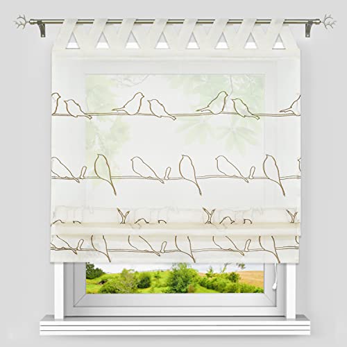 Heichkell Raffrollo mit V Schlaufen Halbtransparente Raffgardine mit Leinenoptik Bestickte Gardine mit Vöger Muster Landhausstil Schlaufenrollo Beige BxH 140x140cm von HeichkelL