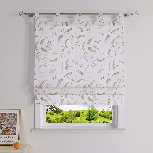 Heichkell Raffrollo ohne Bohren mit Farbige Blumen- und Federmuster Halbtransparenter Vorhang Druck Design Gardine Landhaus Raffgardine mit Schlaufen BreitexHöhe 80x140 cm von HeichkelL