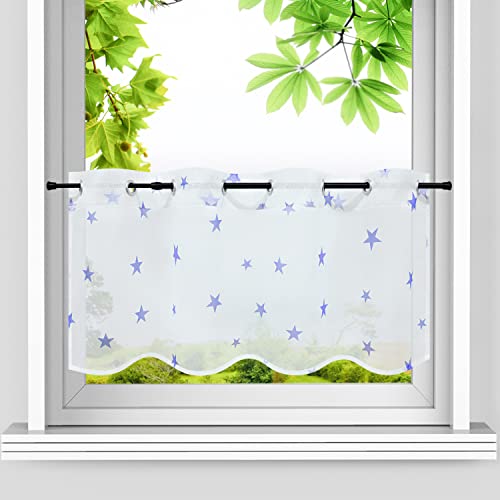 HeichkelL Scheibengardine Voile Sterne Muster Kurzstores Transparent Bistrogardine Landhausstil Kleinfenster Gardine mit Ösen Blaue Sterne BreitexHöhe 120x30 cm von HeichkelL