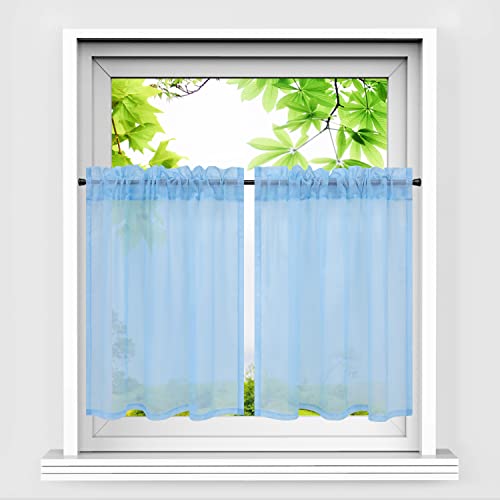 HeichkelL Scheibengardinen 2er Set Bistrogardine Voile Transparent Paarig Kurzstores Einfarbige Fensterschals Küche Vorhang Blau BxH 66x61 cm*2 von HeichkelL