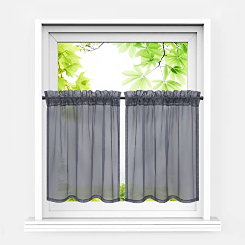 HeichkelL Scheibengardinen 2er Set Bistrogardine Voile Transparent Paarig Kurzstores Einfarbige Fensterschals Küche Vorhang Grau BxH 66x92 cm*2 von HeichkelL