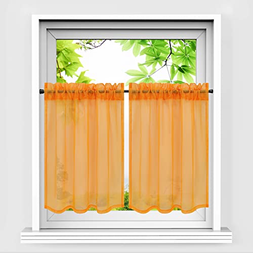 HeichkelL Scheibengardinen 2er Set Bistrogardine Voile Transparent Paarig Kurzstores Einfarbige Fensterschals Küche Vorhang Orange BxH 66x92 cm*2 von HeichkelL