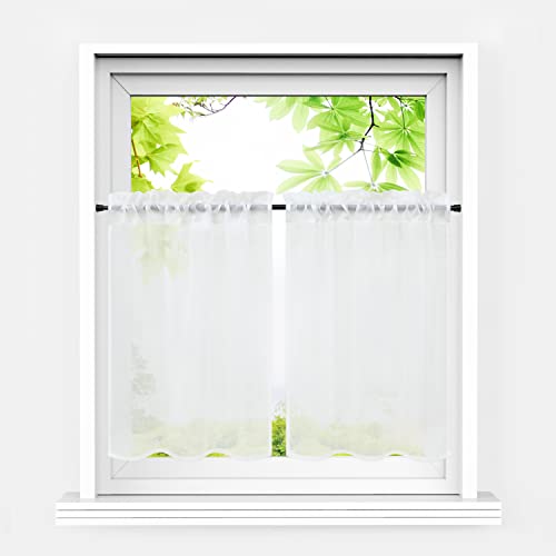 HeichkelL Scheibengardinen 2er Set Bistrogardine Voile Transparent Paarig Kurzstores Einfarbige Fensterschals Küche Vorhang Weiß BxH 66x61 cm*2 von HeichkelL
