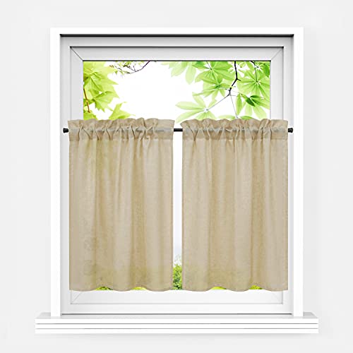 HeichkelL Scheibengardinen 2er Set Kurzstores Landhausstil Halbtransparente Bistrogardine Leinenoptik Kleinfenster Gardinen Küche Braun BxH 76x61 cm*2 von HeichkelL