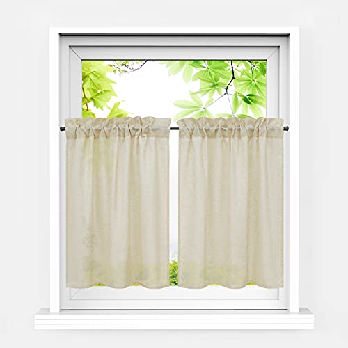 HeichkelL Scheibengardinen 2er Set Kurzstores Landhausstil Halbtransparente Bistrogardine Leinenoptik Kleinfenster Gardinen Küche Sand BxH 76x61 cm*2 von HeichkelL