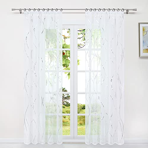 HeichkelL Transparent Vorhang mit Silbernem Foliendruck Dekoschals Kräuselband Leinenoptik 1 Stück Fenster Transparent Gardine für Wohnzimmer Glänzendes Wellenmuster Silber BxH 140x225 cm von HeichkelL