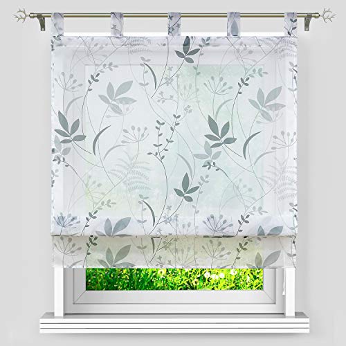 Heichkell Transparente Raffrollos mit Blumen Druck Raffrollo mit Schlaufen Voile Raffgardine weiß Gardine Bedruckt H×B 140×80 cm von HeichkelL