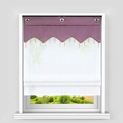 Heichkell Transpatentes Haken-Ösen Raffrollo Perlen Quaste dekorative Raffgardine ohne Bohren, Doppelschichtige Blickdichte Ösengardine Draper-Verschluss Violett BxH 80x140cm von HeichkelL