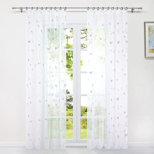 HeichkelL Voile Gardine mit Kräuselband Transparenter Vorhang Modern Silberglänzende Schmetterlinge 1 Stück Dekoschal Kräuselband Luftige Fensterstores für Wohnzimmer BxH 140x145 cm von HeichkelL