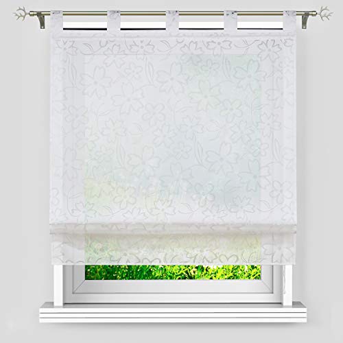 Heichkell Voile Halbtransparent Raffrollo Ausbrenner Blumenmuster Raffgardine Schlaufen Vorhang 1 Stück Weiß BxH 140x140cm von HeichkelL