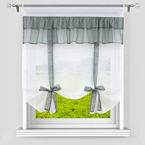Heichkell Voile Halbtransparent Raffrollo Raffgardine mit Tunnelzug Doppelte Spitze Scheibengardine Raffung durch Bändchen Grau B×H 60×140cm von HeichkelL