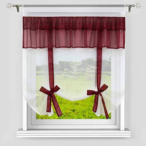 Heichkell Voile Halbtransparent Raffrollo Raffgardine mit Tunnelzug Doppelte Spitze Scheibengardine Raffung durch Bändchen Rot B×H 100×140cm von HeichkelL