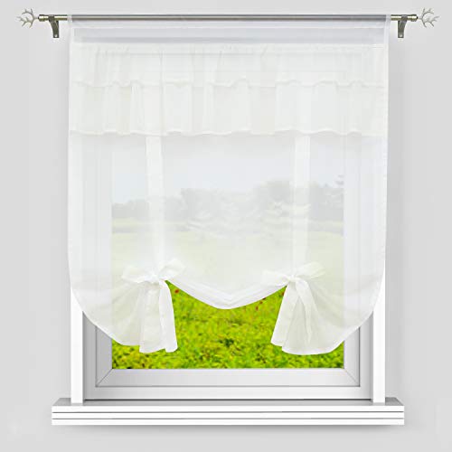 Heichkell Voile Halbtransparent Raffrollo Raffgardine mit Tunnelzug Doppelte Spitze Scheibengardine Raffung durch Bändchen Weiß B×H 80×140cm von HeichkelL