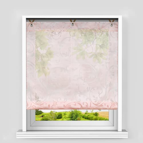 Heichkell Voile Ösenrollo Transparent Raffrollo ohne Bohren Ranken Ausbrenner Raffgardine Modern Fenster Vorhang mit Hakenaufhängung BxH 45x130cm Rosa von HeichkelL