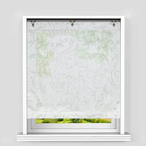 Heichkell Voile Ösenrollo Transparent Raffrollo ohne Bohren Ranken Ausbrenner Raffgardine Modern Fenster Vorhang mit Hakenaufhängung BxH 60x130cm Weiß von HeichkelL