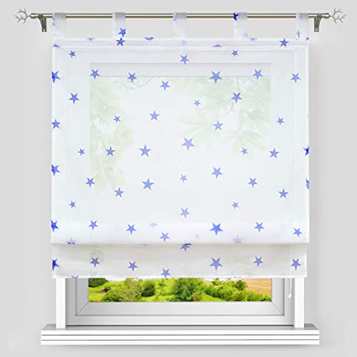 Heichkell Voile Raffrollo Sterne Muster Transparente Raffgardine mit Schlaufen Sterne Schlaufenrollo Kinderzimmer Vorhang BxH 120x140cm Weiß-Blau von HeichkelL