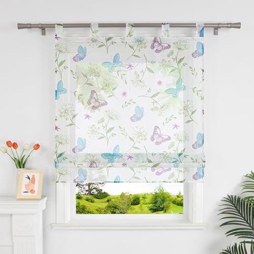Heichkell Voile Raffrollo mit Blumen und Schmetterlinge Bedruckte Raffgardine Transparente Gardine Weiß Rollo mit Schlaufen BxH 80x140 cm Heichkell Voile Raffrollo mit Blumen und Schmetterlinge Bedruckte Raffgardine Transparente Gardine Weiß Rollo mit Schlaufen BxH 80x140 cm von HeichkelL