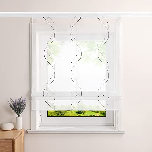 Heichkell Voile Raffrollo mit Klettband Transparent Raffgardinen Vorhang mit Stickerei Wohnzimmer Gardine Grau BxH 140x140cm von HeichkelL