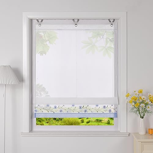 Heichkell Voile Raffrollo mit Ösen Transparent Ösenrollo Bestickte Raffgardine Landhausstil Rollo mit Blumen Blau BreitexHöhe 45x150 cm von HeichkelL
