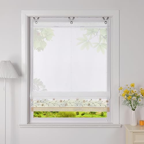 Heichkell Voile Raffrollo mit Ösen Transparent Ösenrollo Bestickte Raffgardine Landhausstil Rollo mit Blumen Sand BreitexHöhe 45x150 cm von HeichkelL