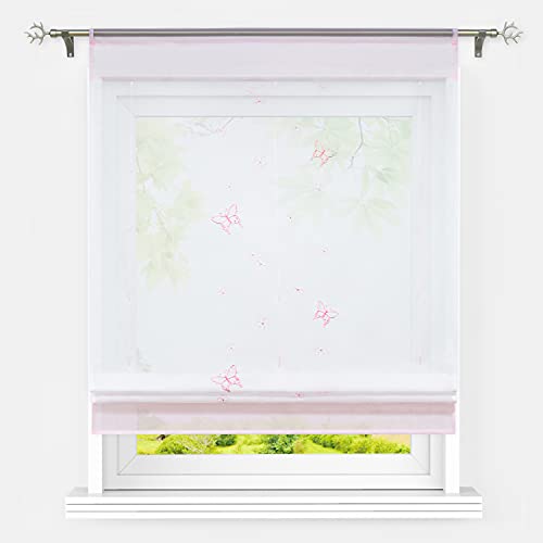 Heichkell Voile Raffrollo mit Schmetterling Stickerei Raffgardine Transparent Tunnelzug Küche Gardine Fenster Vorhang Bändchenrollo Rosa BxH 80x140 cm von HeichkelL
