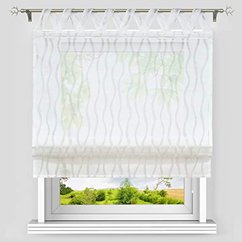 Heichkell Voile Raffrollo mit V-Schlaufen Transparentes Raffgardine Ausbrenner-Motiv Wellenmuster Schlaufenrollo Fenster Vorhänge BxH 100x140cm Weiß von HeichkelL