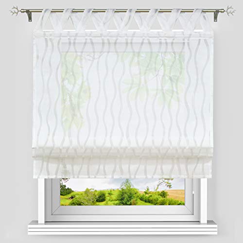 Heichkell Voile Raffrollo mit V-Schlaufen Transparentes Raffgardine Ausbrenner-Motiv Wellenmuster Schlaufenrollo Fenster Vorhänge BxH 140x140cm Weiß von HeichkelL