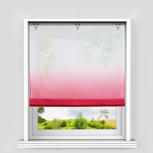 Heichkell Voile Raffrollo ohne Bohren Transparent Raffgardine mit Ösen Farbverlauf Fenstergardine Hakenaufhängung Modern Ösenrollo Vorhänge Rot BxH 80x130cm von HeichkelL