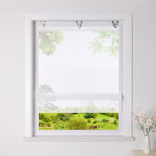 Heichkell Voile Raffrollo ohne Bohren Transparente Raffgardine mit U-Haken Unifarbiges modernes Ösenrollo Weiß H*B 130 * 45cm von HeichkelL
