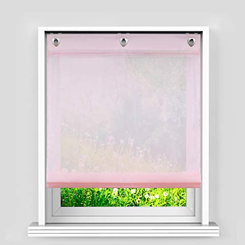Heichkell Voile Raffrollo ohne Bohren Unifarbige Raffgardine mit U-Haken Modernes Einfarbiges Ösenrollo Transparent Haken Raffrollo Pink BxH 140x140cm von HeichkelL