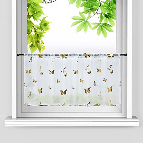 HeichkelL Voile Scheibengardine Bistrogardine Gold Glänzende Kurzstores mit Tunnelzug Kleinfenster Vorhang Küche Schmetterlinge-Dekomuster Weiß HxB 60x120 cm von HeichkelL